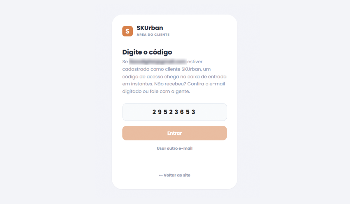 Tela para digitar o código de acesso